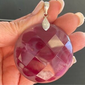 Sea glass pendent red flower imprint with Silver Accents. 2” faceted front.